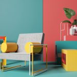 memphis contemporary space rendering design shade sofa apartment render home interior colourful modern scandinavian vintage abstract room geometric window armchair art. Generative AI.